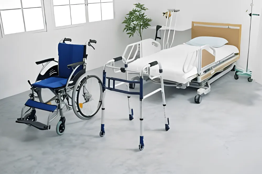 A wheelchair, walker, crutches, and hospital bed